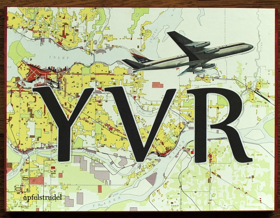 ARTWORK. Up in the Air Series. YVR. Vancouver, Canada. Wooden Block MapArt
