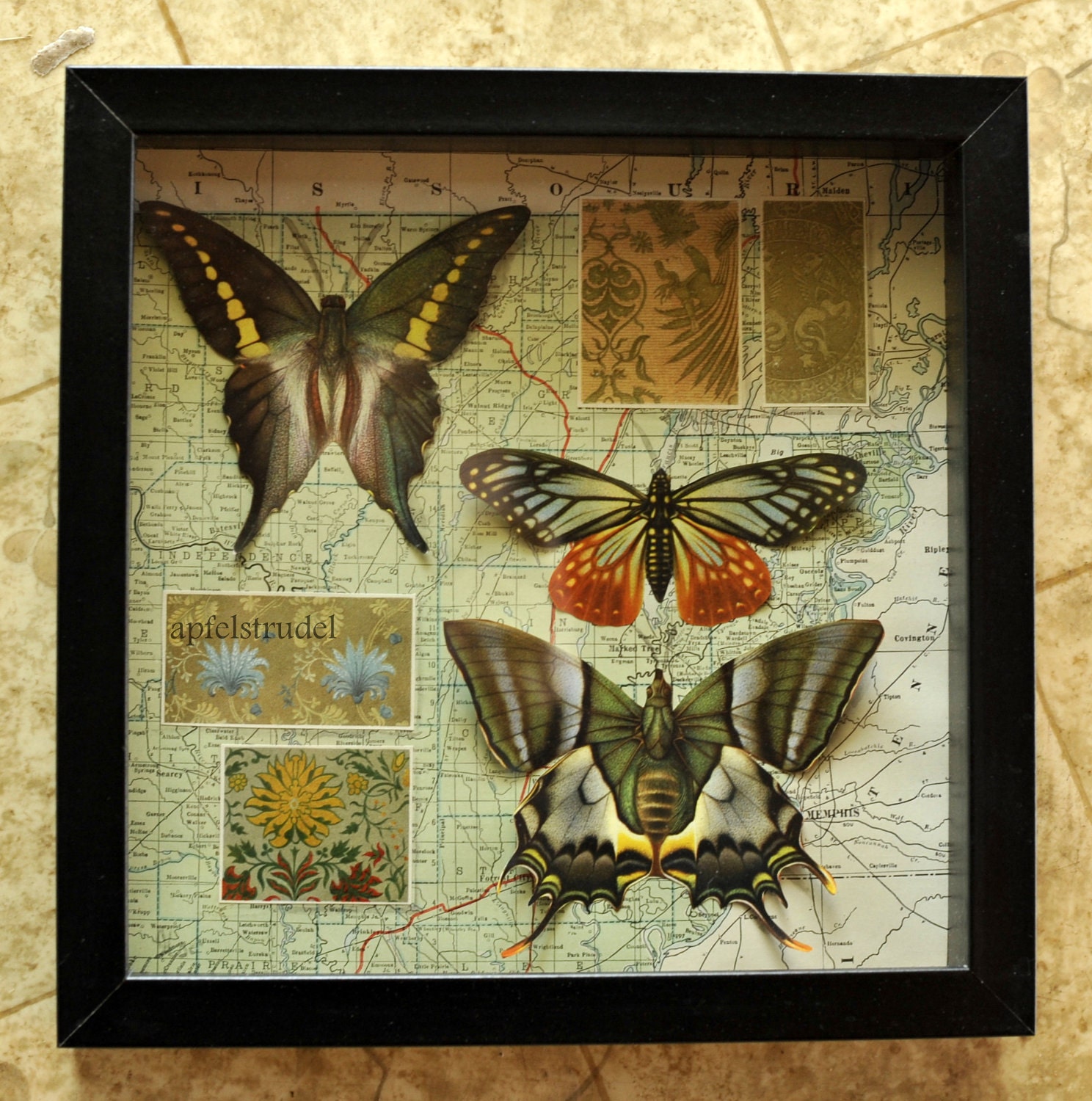 RECYCLED MAPART. Tropical Butterflies on 1923 Tennessee Map in Shadow Box Frame