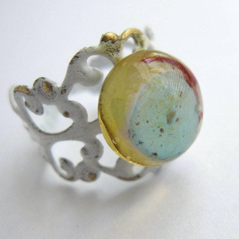 Light Amber and Blue Lampwork Glass Protozoan Ring
