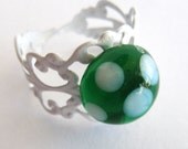Green with White Polka Dots Lampwork Glass Protozoan Ring