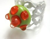 Lime Green and Carrot Red Polka Dots Lampwork Glass Protozoan Ring
