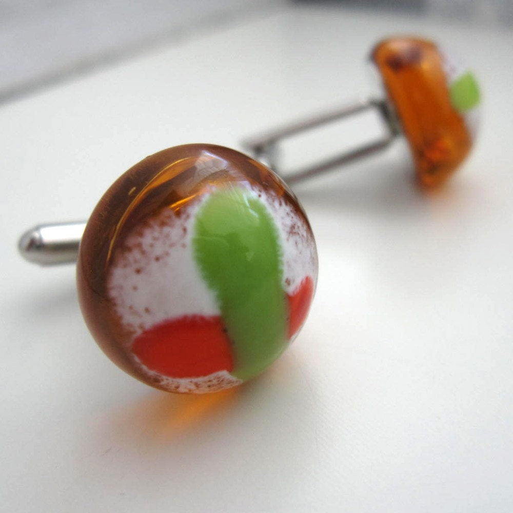 Amber, Orange and Green Lampwork Glass Protozoan Cufflinks