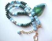 Paisley Green .. druzy agate, chrysoprase, cloisonne, Czech lt. blue glass sqs