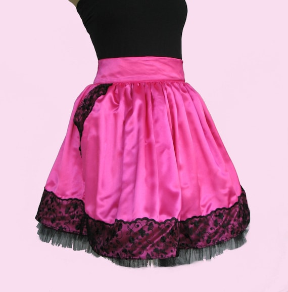 Gothic Lolita Two Layers Hot Pink And Black French Lace Two Front Pockets