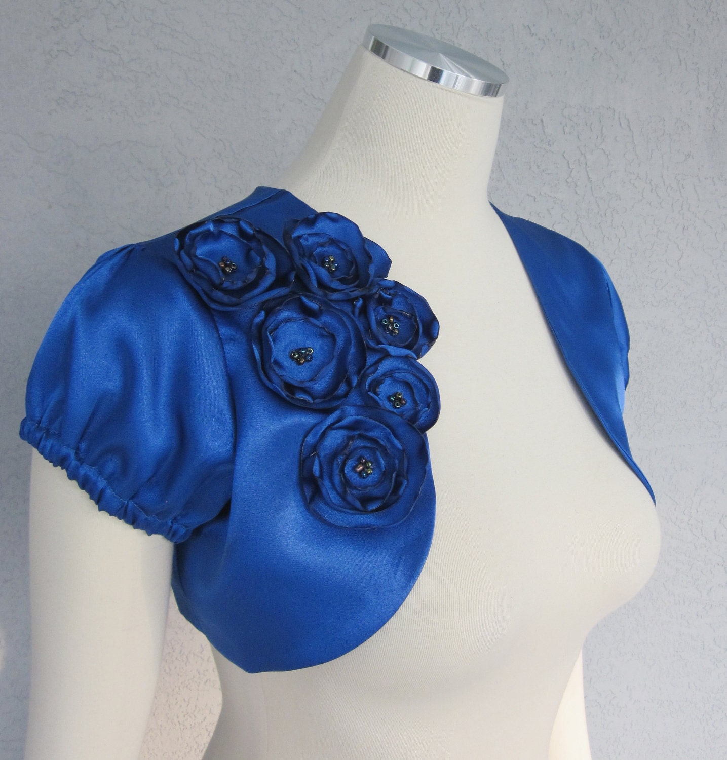 Royal Blue Satin Bolero Shrug With Flowers and Beads Made to Order