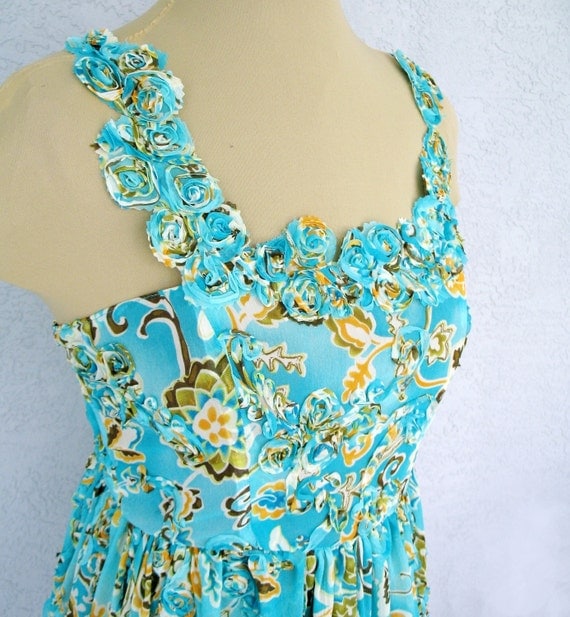 One Of A Kind Turquoise Floral Chiffon Party  Spring Summer Dress Easter