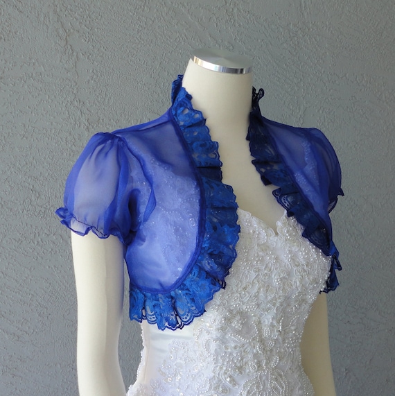 Wedding Bolero Shrug Indigo Organza Lace Trim Cap Sleeves All Sizes Available