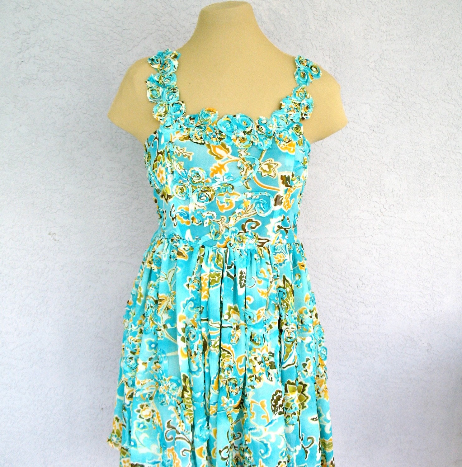 One Of A Kind Turquoise Floral Chiffon Party  Spring Summer Dress Easter