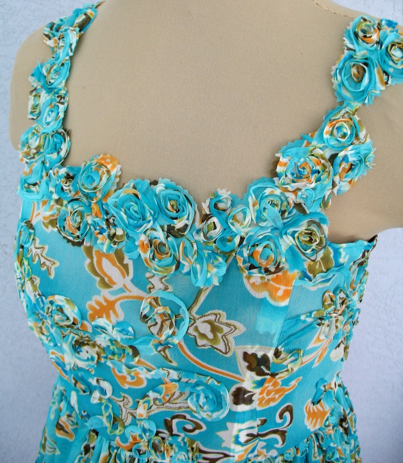 One Of A Kind Turquoise Floral Chiffon Party  Spring Summer Dress Easter