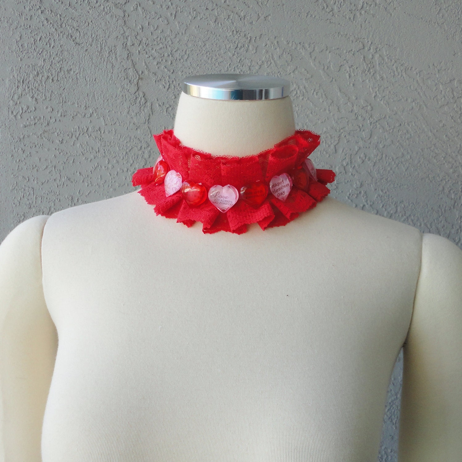 Valentine's Day Inspired One Of A Kind Red Lace Pink Ribbon And Acrylic Beads Collar Necklace
