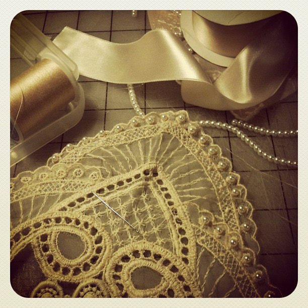 Bridal One Of A Kind Vintage Lace Champagne Color Bib Necklace And Faux Pearl