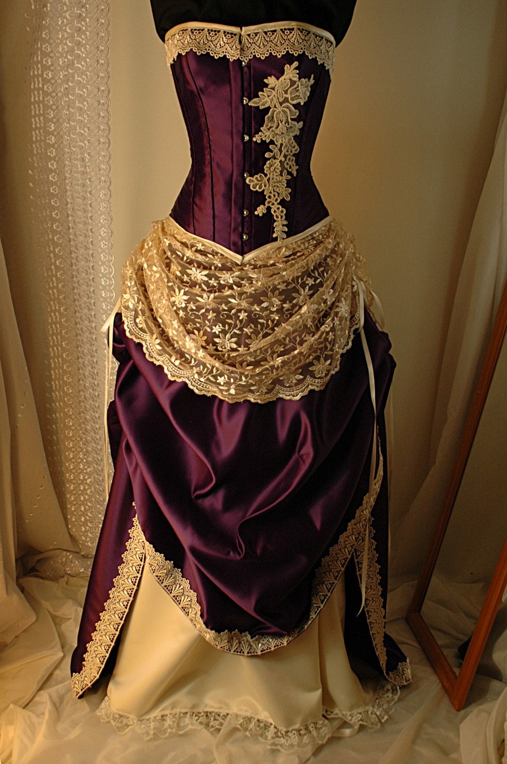 Custom made Antique cream and cadbury purple corset gown