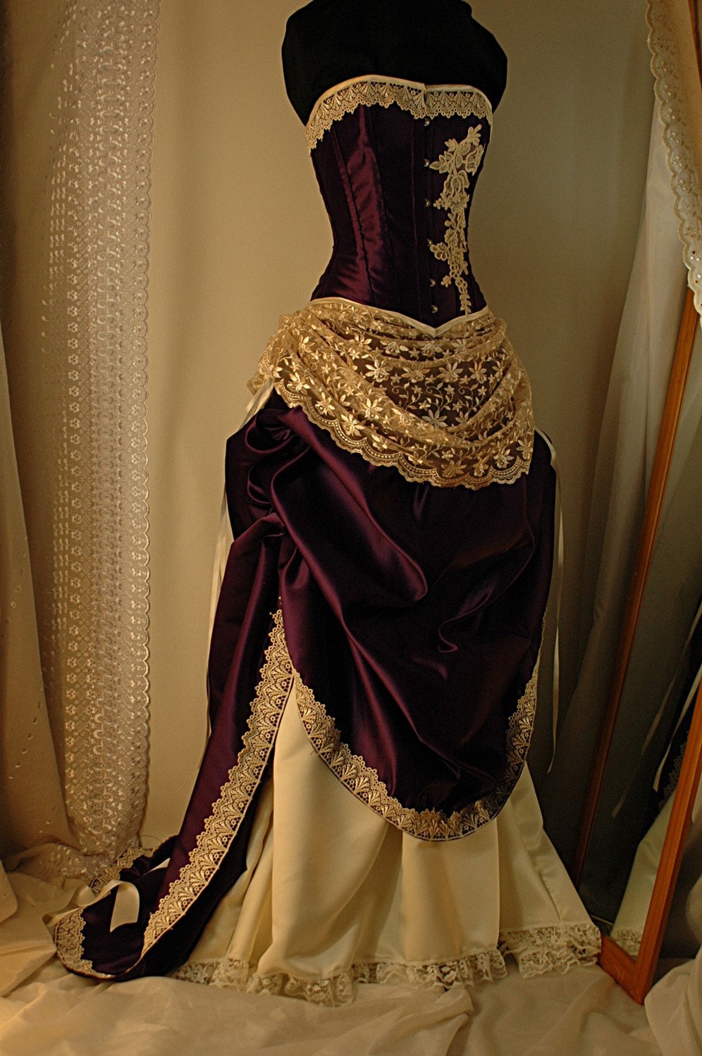Custom made Antique cream and cadbury purple corset gown