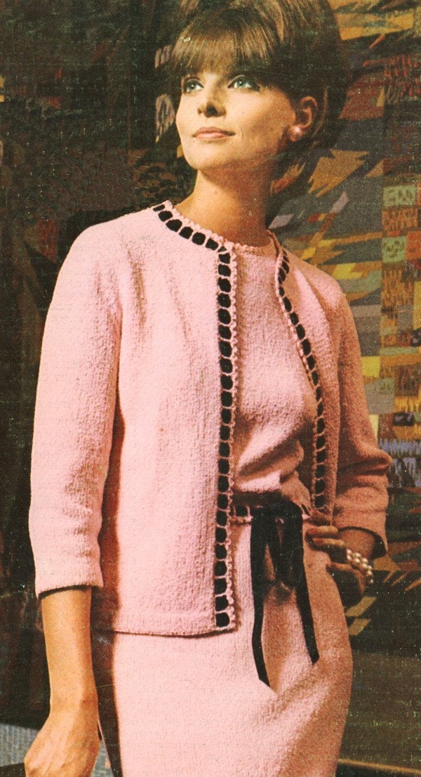 Vintage 1960s Knitted 3 Piece Suit with Ribbon Trim Pattern PDF 6507
