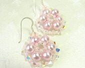 Pearl and Crystal Earrings, Pale Pink Beadwoven Earrings, Pink Dangle Earrings