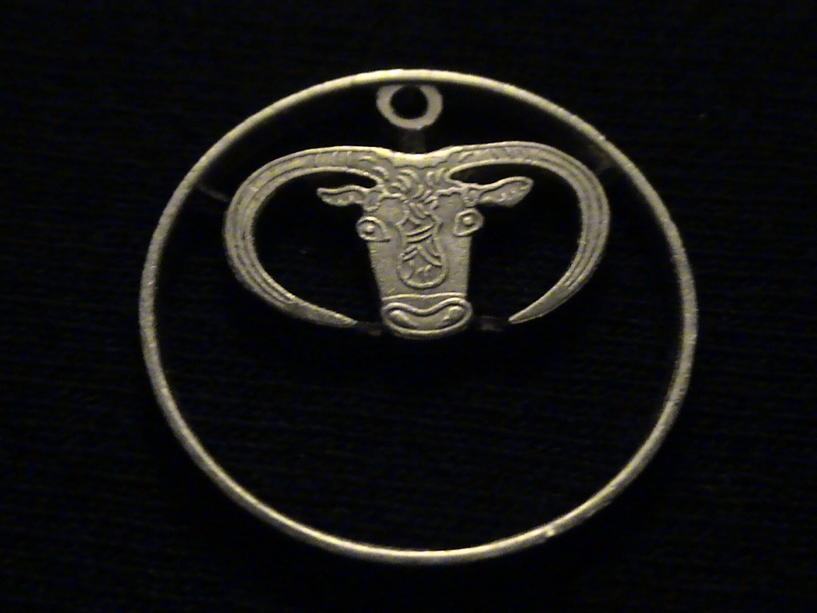 CYPRUS - cut coin jewelry - 1984 - w/ Longhorn Bull