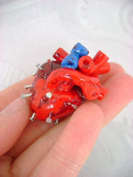 Bloody Gory Nailed Heart - Red Anatomically Correct Human Heart - Pendant \/ Necklace