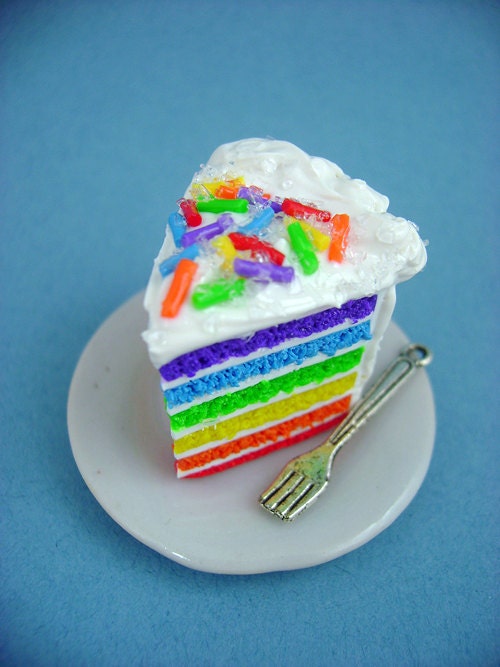 Rainbow Cake Slice with Rainbow Jimmie Sprinkles - Miniature Food - Pendant / Necklace