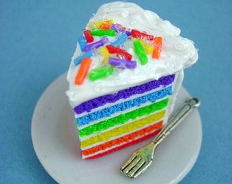 Rainbow Cake Slice with Rainbow Jimmie Sprinkles - Miniature Food - Pendant / Necklace