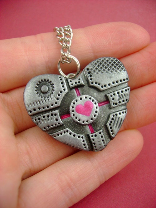 Cube Love - Flat Heart Shaped Companion Cube - Polymer Clay Portal Geekery - Pendant / Necklace