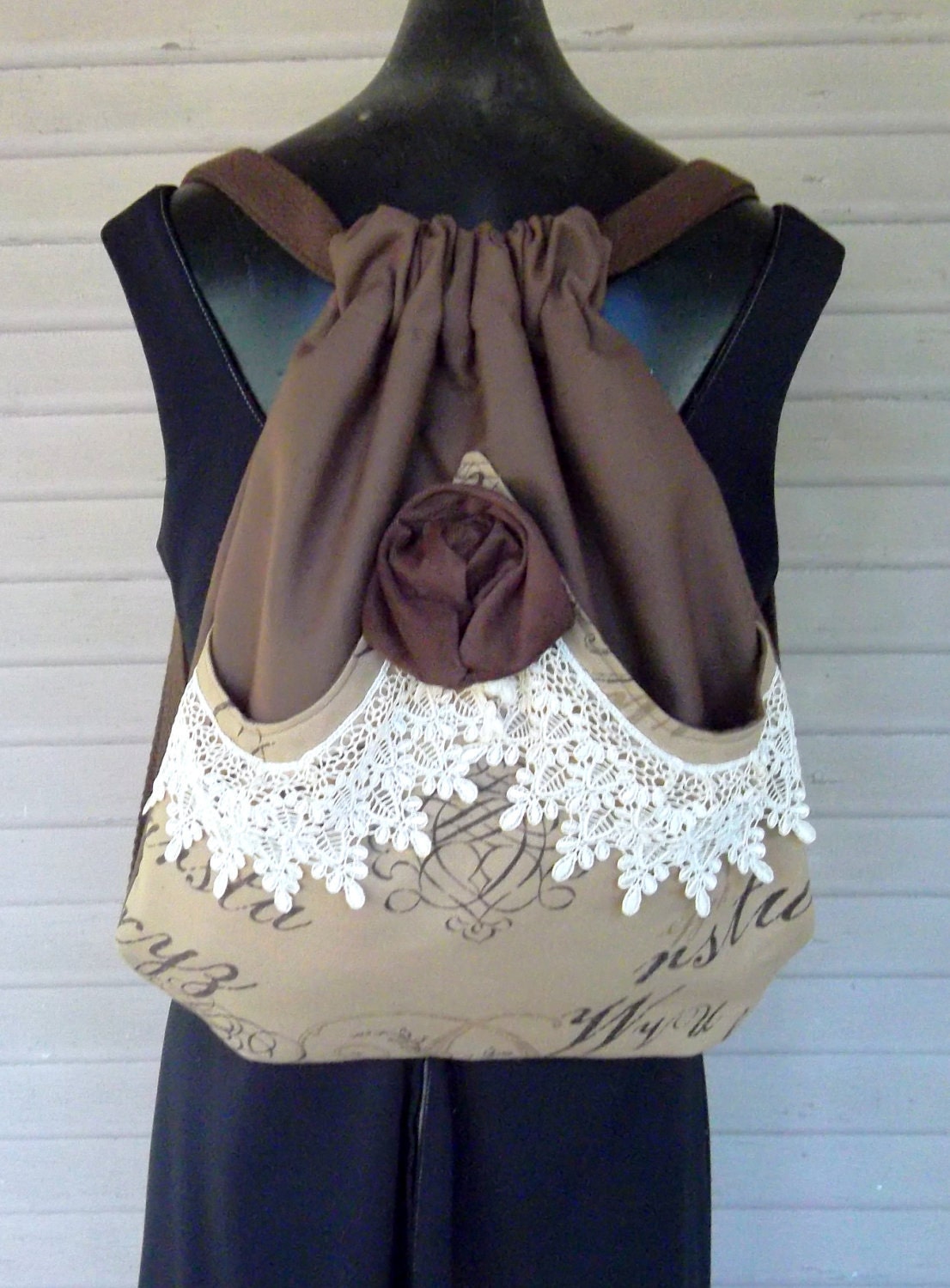 Backpack Victorian Lace and Rose  Mori Girl  Backpack  Tan  Pocket  With French Inspired Writing Handmade Rose Shabby ChicVictorian
