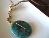 Beach Glass & Mosaic Turquoise Necklace / Leather and Vintage Chain / Sea Glass Jewelry / One of a Kind / Unique Handmade Jewelry