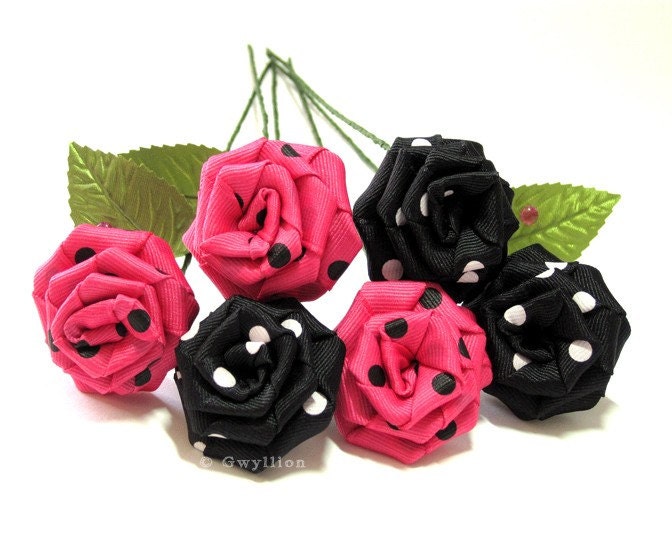 Polka Dot Pink and Black Rose Bouquet - (6)