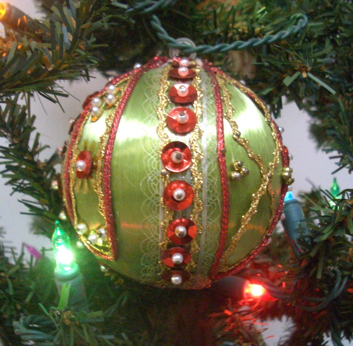Vintage Christmas Tree Ornament with Green Satin and Sequins