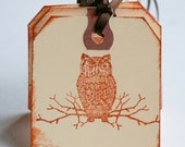 Majestic Owl on Branch - Hang Tags, hand stamped, orange