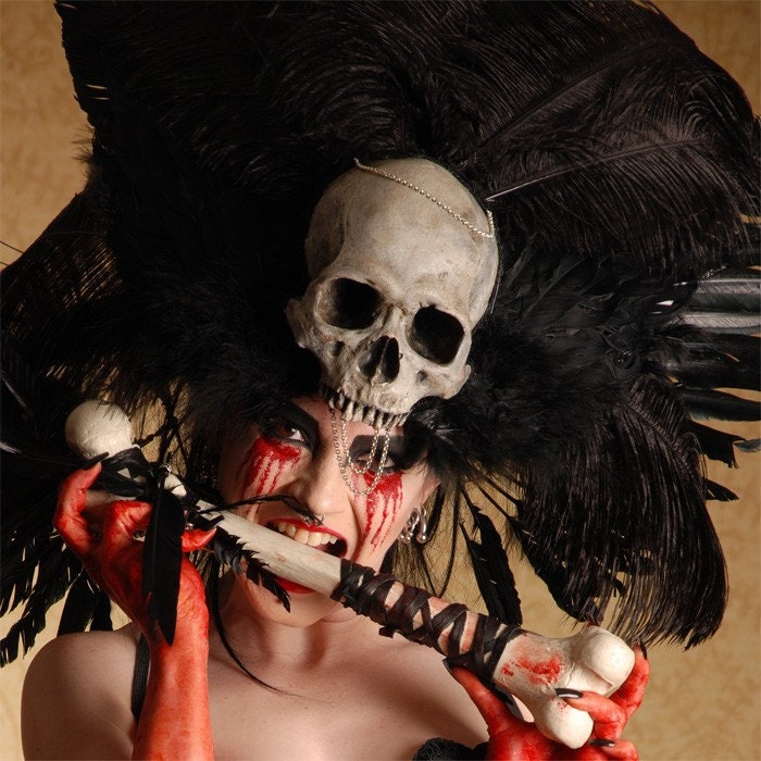Human Skull and Ostrich Feather Vegas Showgirl Headdress