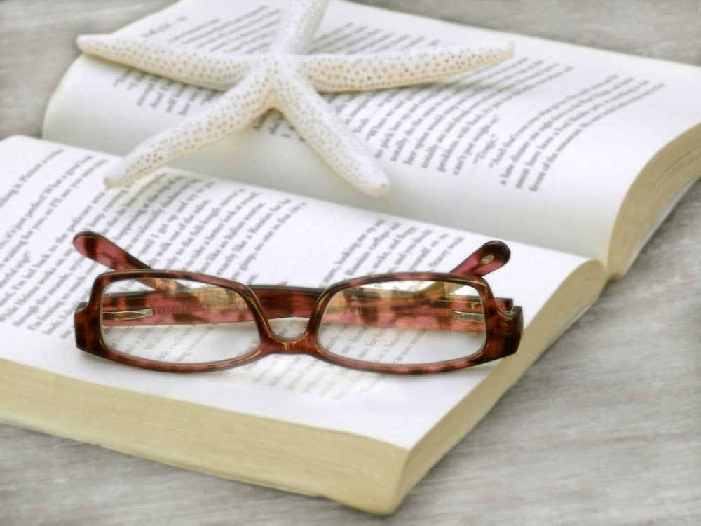 Beach Style Fine Art Photo -Pink Gray Starfish Book Glasses Reading