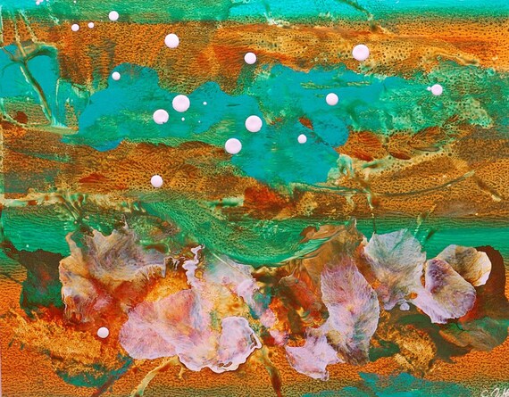 Turquoise Orange Abstract Painting Tropicana -Sea Green Ocean Tropical Water Beach Decor Contemporary Nautical