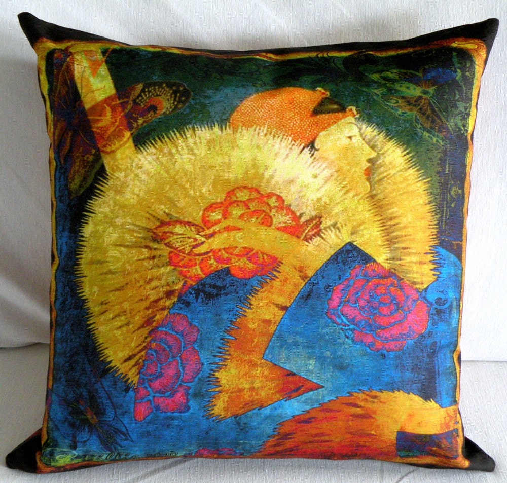 Designer  Pillow Cover - "Madame Chinoiserie" - Roaring 20s Fiber Art - Designer - Hand Made - Fits 18x18 Insert  -  original design