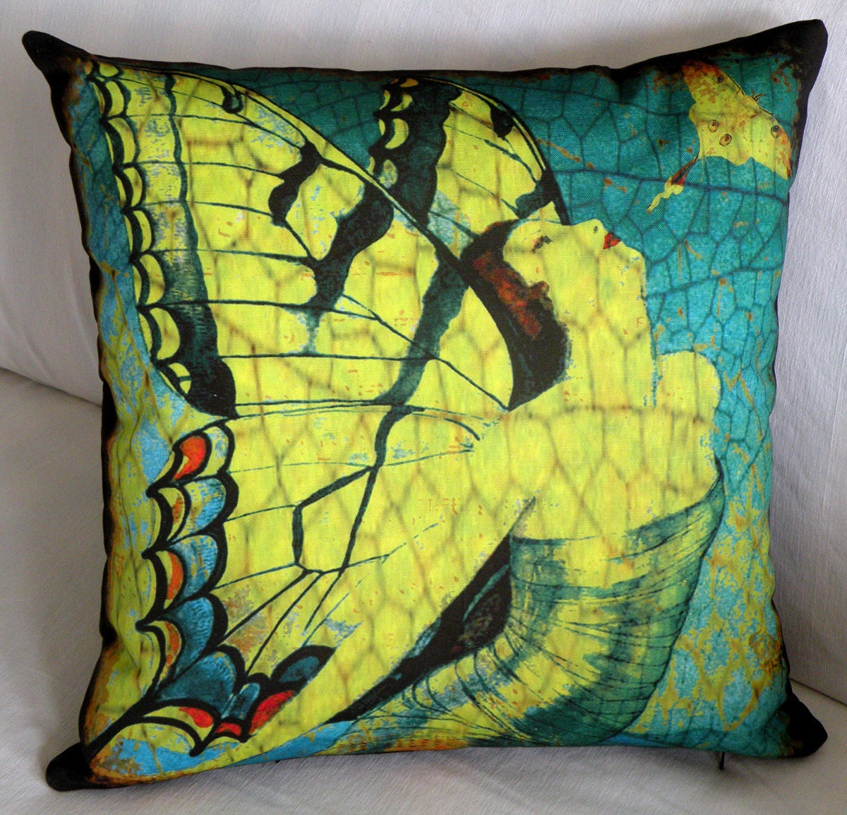 Decorative Pillow Cover - "Spread Your Wings ... And Fly" Fiber Art - Hand Made - Fits 18x18 Insert  -  original design