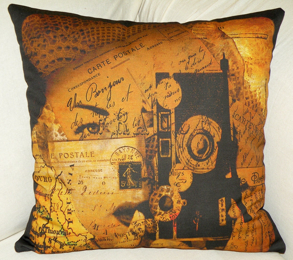 Decorative Pillow Cover - "Wish You Were Here...Postcards From France" - Designer - Hand Made - Fits 18x18 Insert