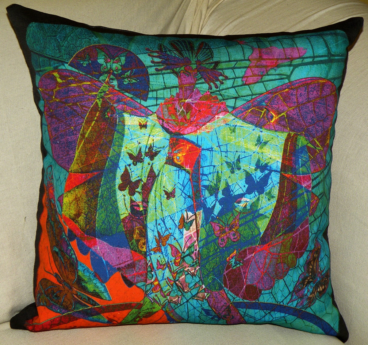 Decorative Pillow Cover - "Madame Butterfly" - Fiber Art - Hand Made - Fits 18x18 Insert  -  original design