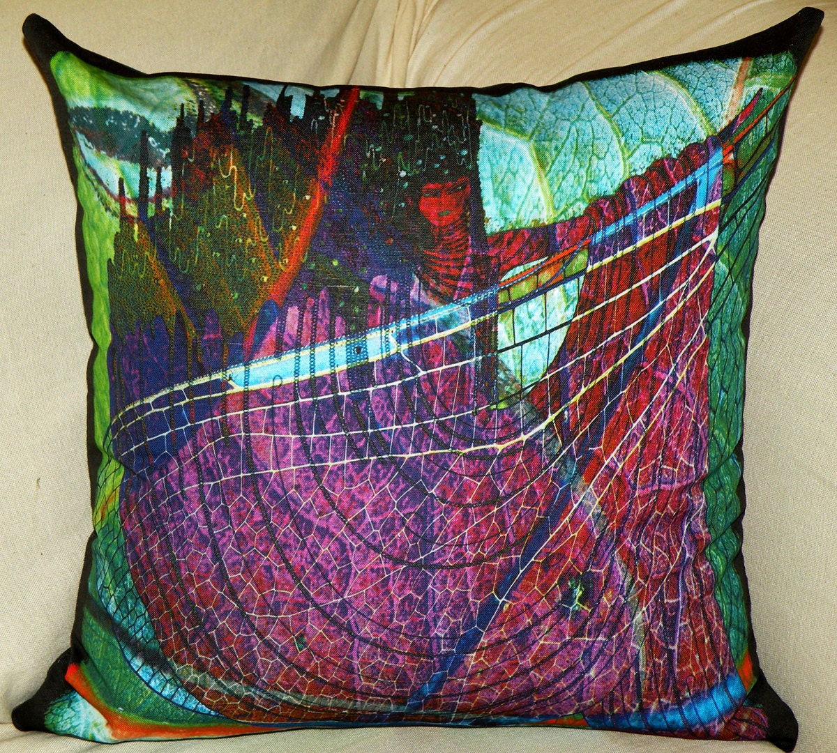 Decorative Pillow Cover - "Madame Dragonfly"  - Fiber Art - Hand Made - Fits 18x18 Insert  -  original design