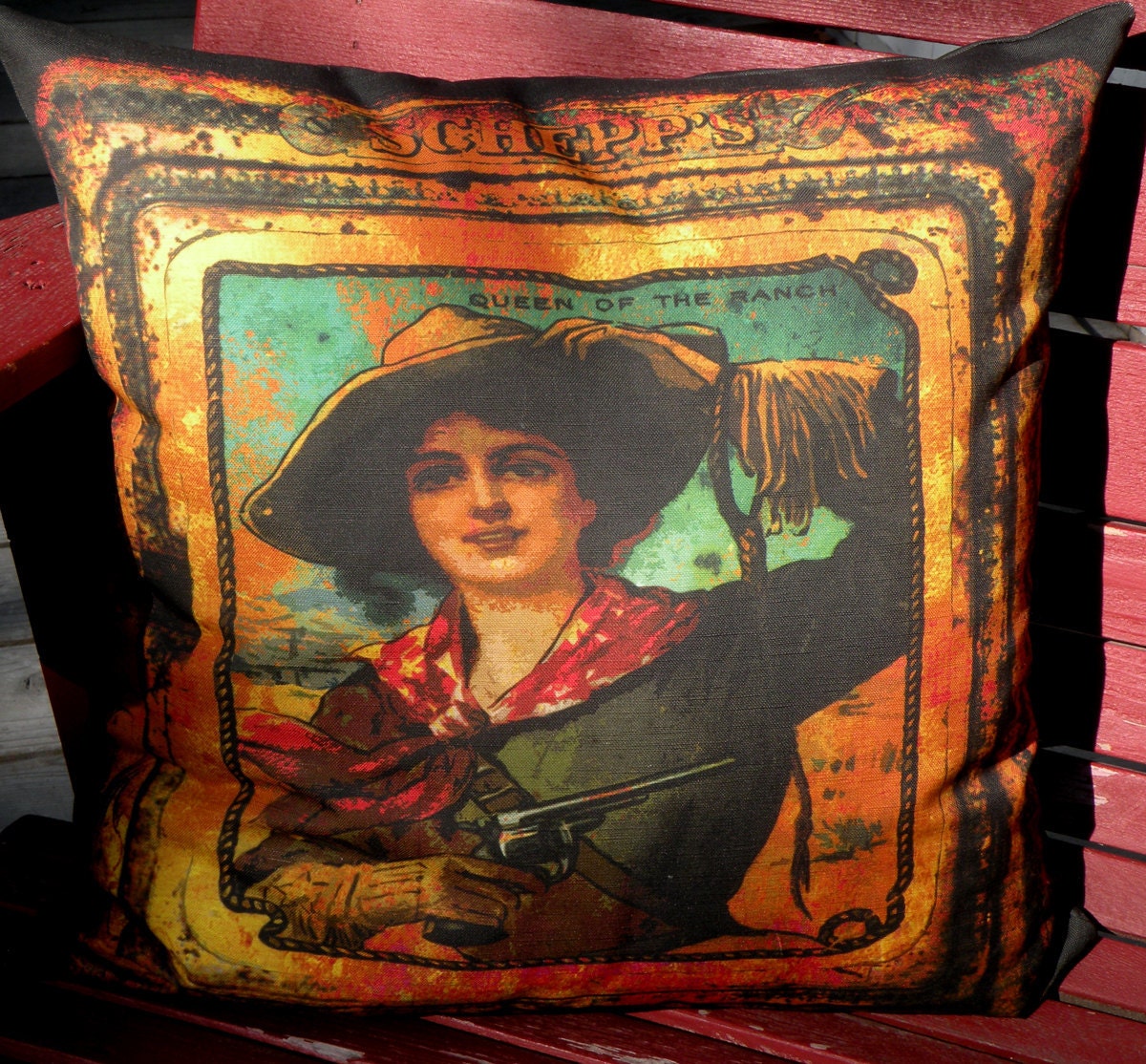 SALE - Decorative Pillow Cover - QUEEN Of The RANCH - Hand Made - Fits 18x18 Insert --  original design