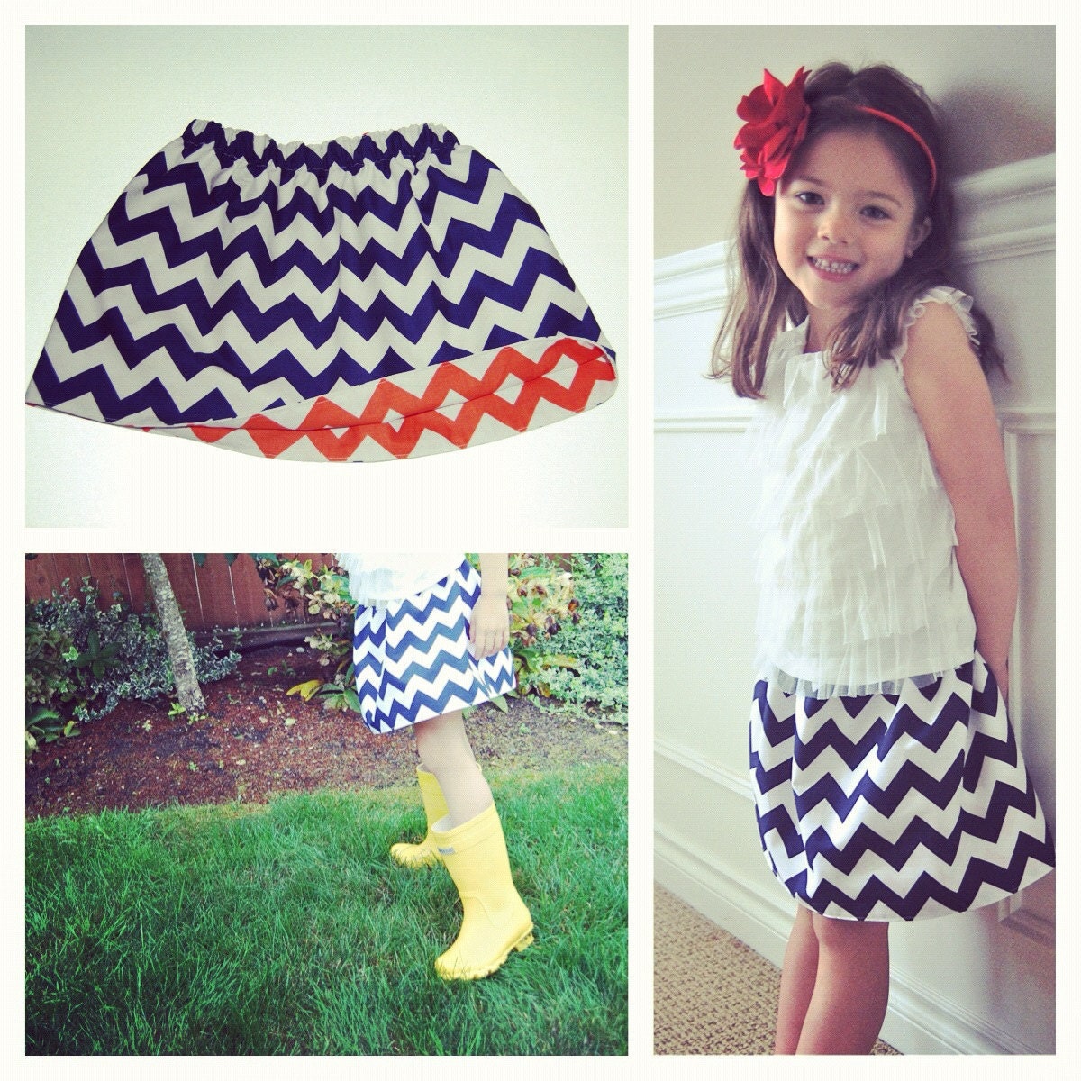 Toddler Girl's Reversible Navy and Orange Chevron Skirt... TWO skirts in one