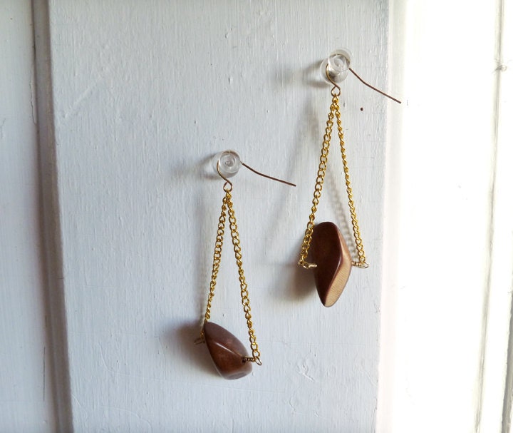 Wood and Gold Triangle-Dangle Earrings