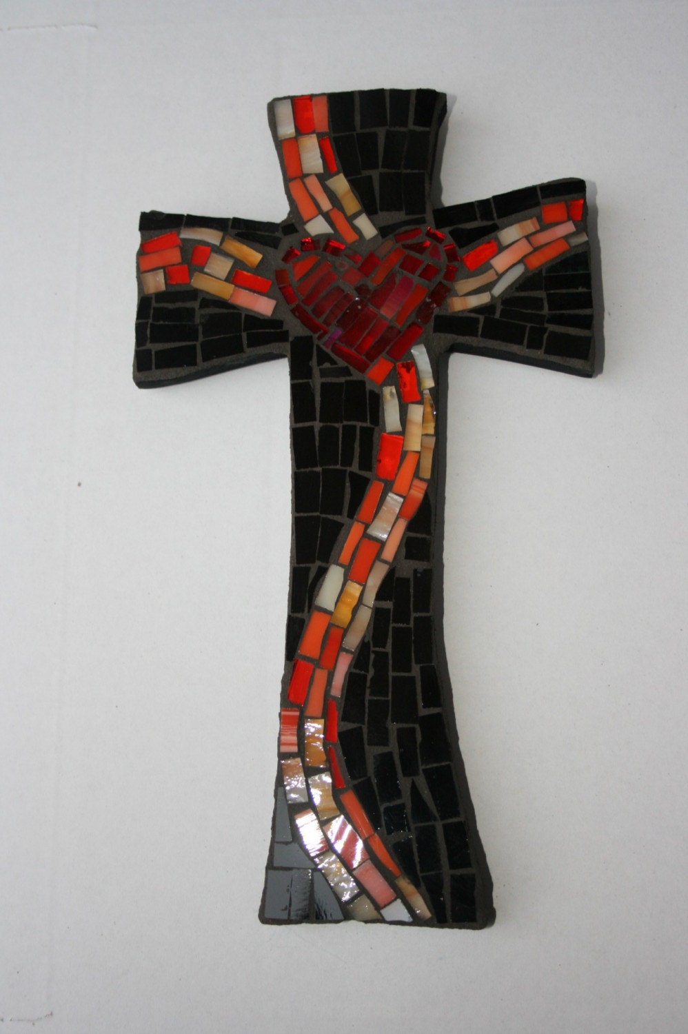 Medium Mosaic Black Cross with Red Heart and Orange Banner