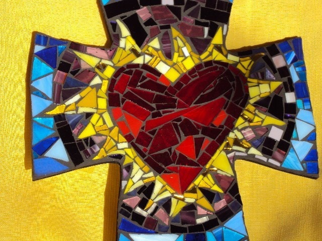 Large Mosaic Cross with Multicolored Sacred Heart