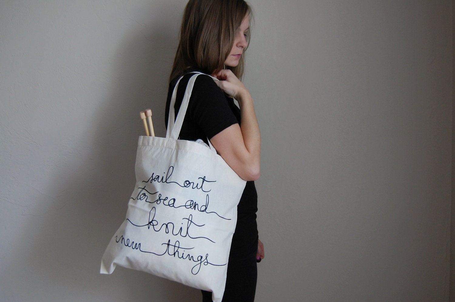 screenprinted canvas tote bag / knit new things
