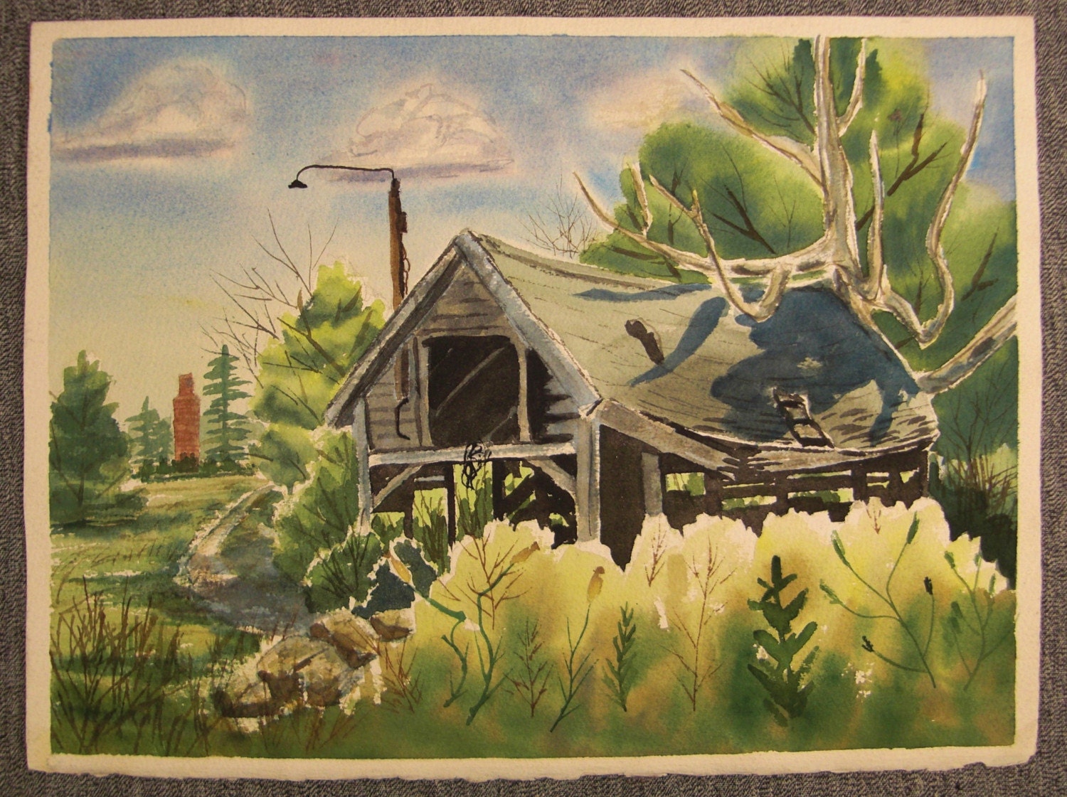 Original WATERCOLOR Midwest  Dilapidated  BARN Painting regional