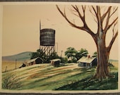 Regional wpa look Original WATERCOLOR MIDWEST Old Watertower Barn Painting