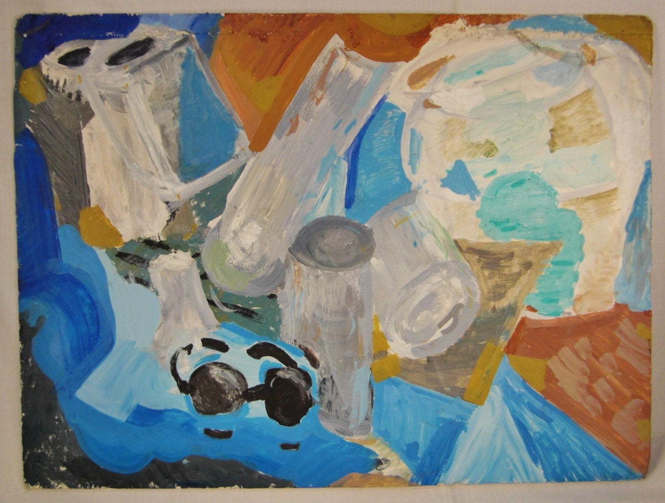 Impressionistic Still Life Sunglasses Jars original acrylic blue and brown  colorful 24 x 18