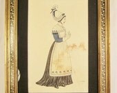 ANTIQUE POCHOIR  by Emile Galois French Woman signed  Hand colored GILT decorative frame 21 x 14