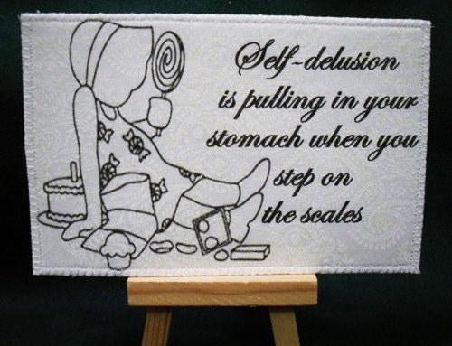 SinBonnet Sue Self-delusion Fabric Postcard homemade in USA