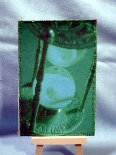 Emerald Green Iron Glass Time Clock Fabric Postcard Home made in USA