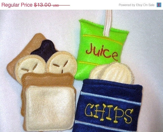ON SALE Play food pretend food Peanut butter and jelly with banana sandwich plus chips and a juice box  Perfect for play kitchen